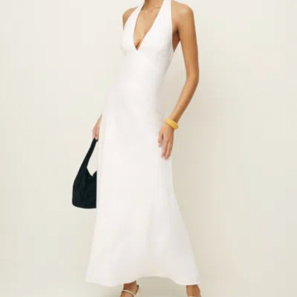 BEST Reformation Delilah Linen Maxi Dress Sz0/2 White Vacation Halter Wedding - Picture 13 of 15